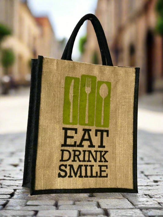 EAT DRINK SMILE JUTE shopping bag