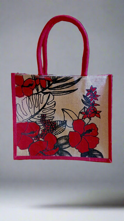 RED FLORAL ELEGANCE JUTE shopping bag